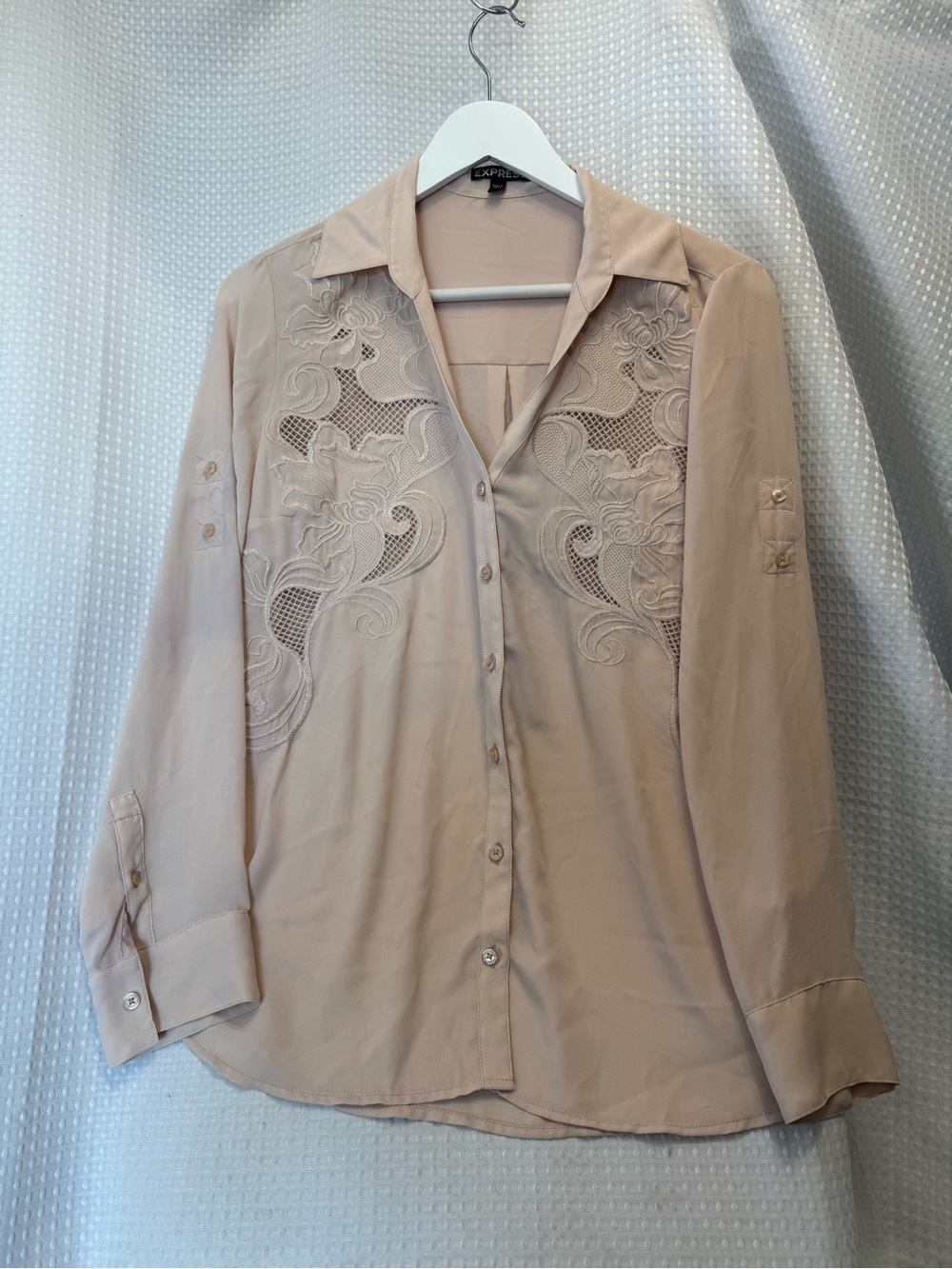 Express Women's Light Beige Embroidered Button-Down Shirt